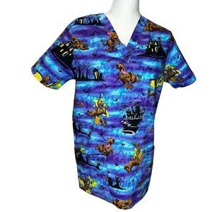 Scooby Doo Women's Halloween Scrub Top Blue Multi Size Small